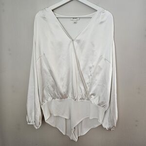 On 34th Bodysuit Chic White Satin Blouse One Piece Long Sleeve V-Neck Bridal